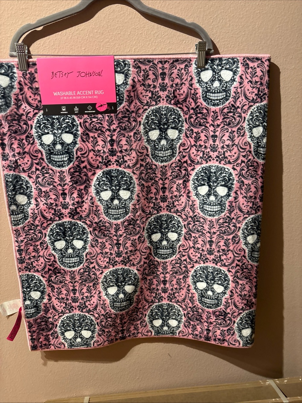 Betsey Johnson Washable Accent Rug Gothic Skull Pink Black Damask NEW